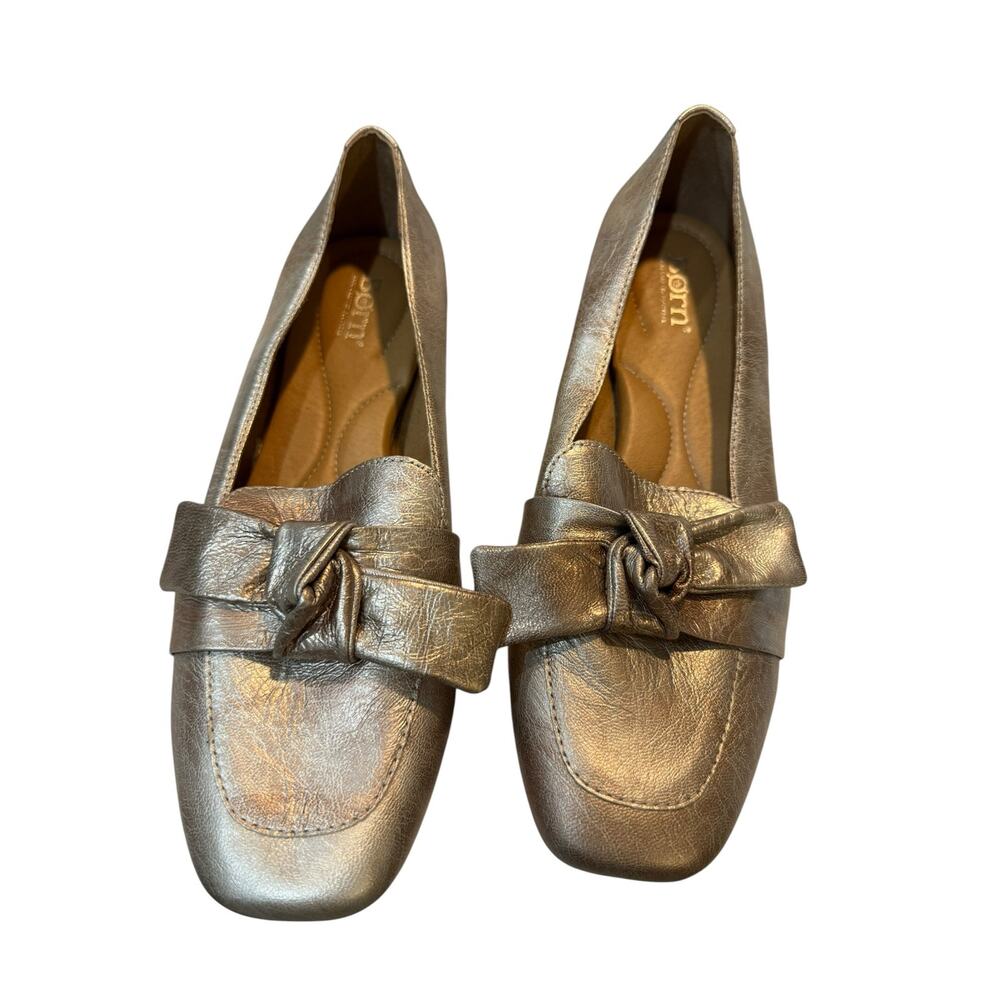 Born Metallic Pewter Leather Loafers Bow Detail Comfort Flats Women’s Shoes 11